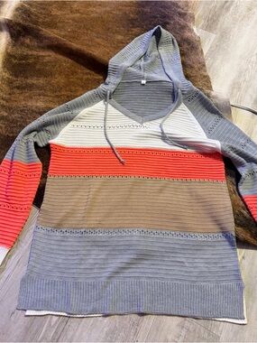 Striped V‑Neck Hooded Sweater - Gray, Coral & Taupe